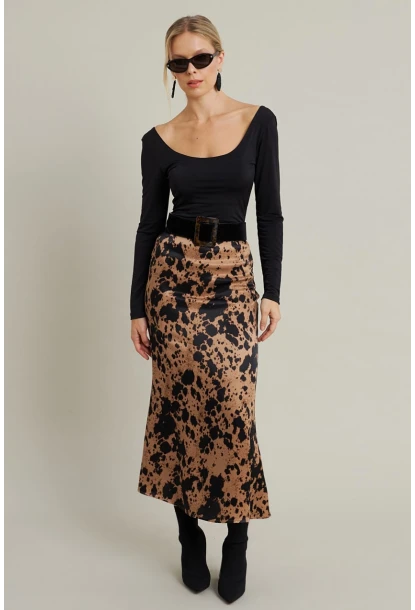Kadın Camel Desenli Saten Etek CAR1060