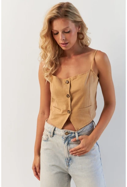 Kadın Camel Düğmeli İp Askılı Yelek MP20153