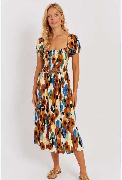 Kadın Camel Gipeli Desenli Midi Elbise MON126