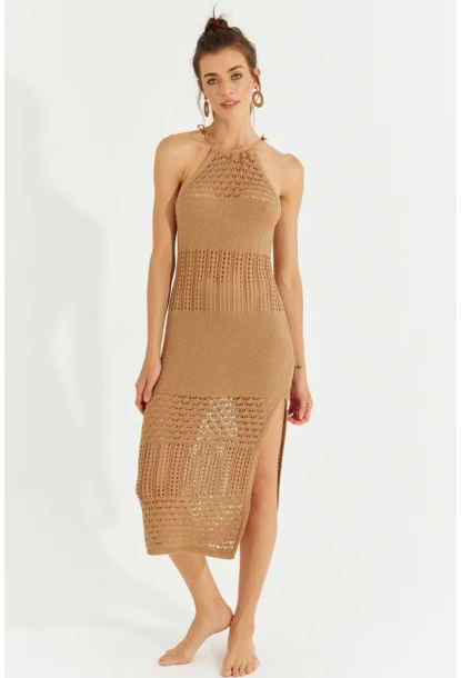 Kadın Camel Halter Yaka Ajurlu Midi Elbise SF2506