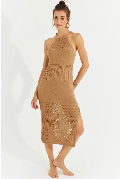 Kadın Camel Halter Yaka Ajurlu Midi Elbise SF2506