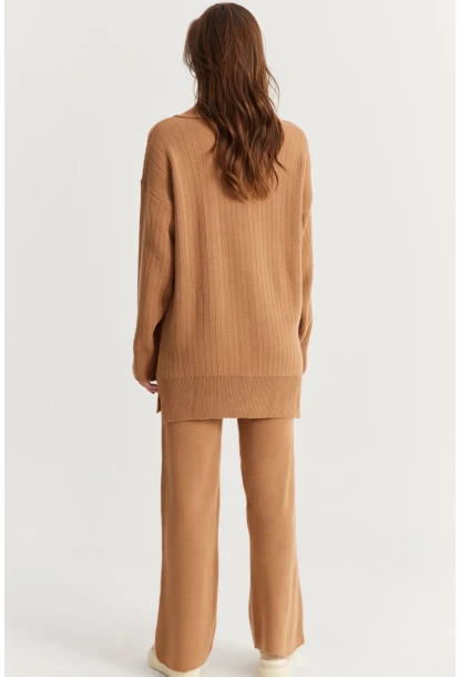 Kadın Camel İnci Düğmeli Hırka Triko Alt Üst Takım NUV26