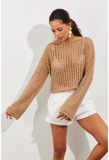 Kadın Camel İspanyol Kol Ajurlu Triko Kısa Bluz SMT181