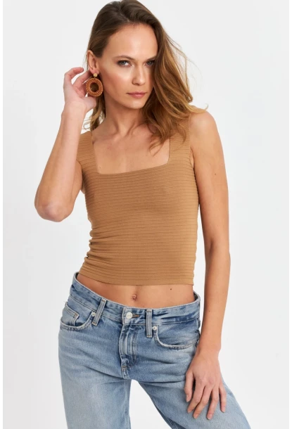 Kadın Camel Kare Yaka Triko Bluz SE8