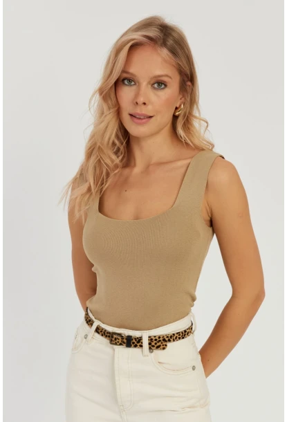 Kadın Camel Kare Yaka Triko Bluz YV80