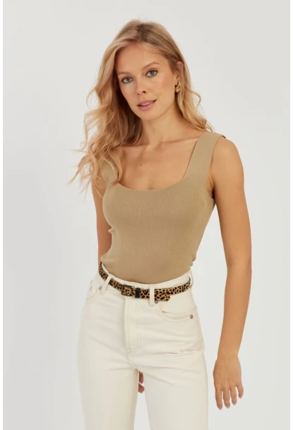 Kadın Camel Kare Yaka Triko Bluz YV80