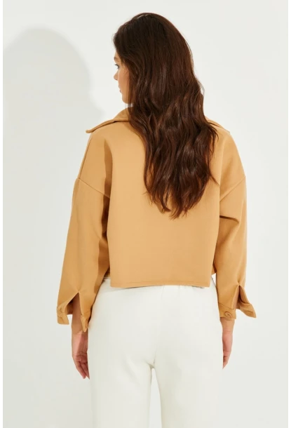 Kadın Camel Kaşe Cepli Kısa Ceket PP2444