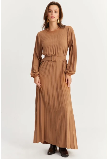 Kadın Camel Kemerli Plili Maxi Elbise ALZ500