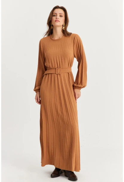 Kadın Camel Kemerli Plili Maxi Elbise ALZ500