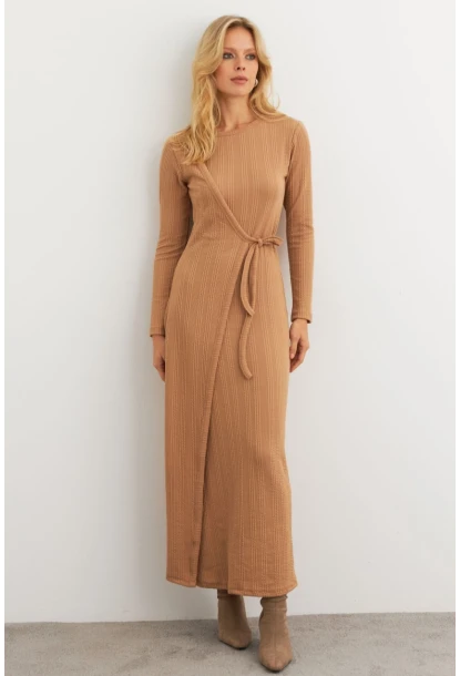 Kadın Camel Kruvaze Maxi Elbise MTF31