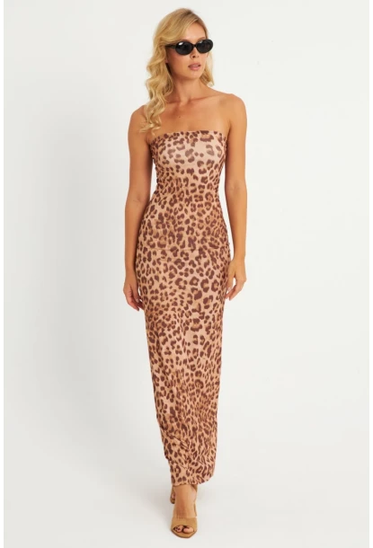 Kadın Camel Leopar Desenli Midi Straplez Yılbaşı Elbise XC001
