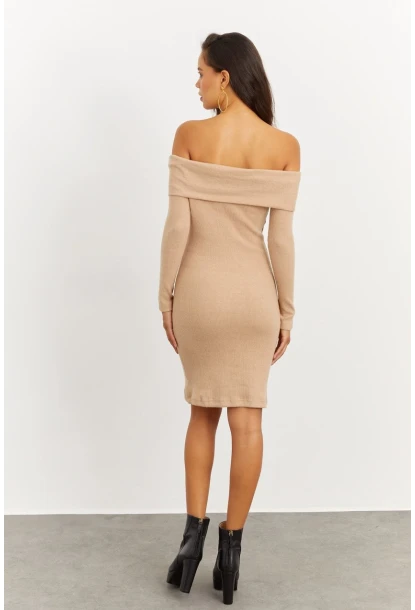 Kadın Camel Madonna Yaka Kaşkorse Elbise CG272