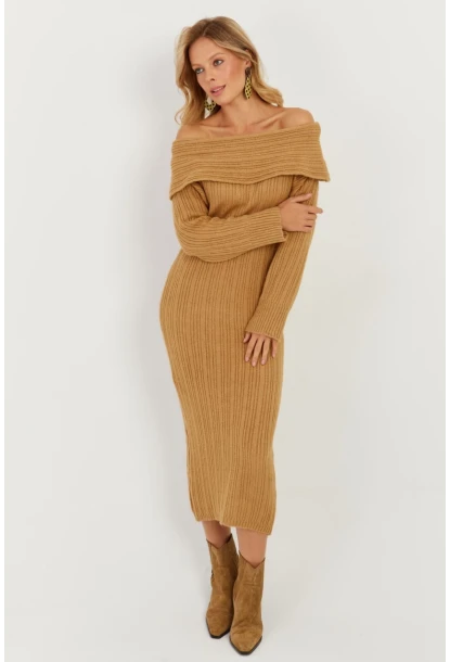 Kadın Camel Madonna Yaka Triko Midi Elbise KZ2503