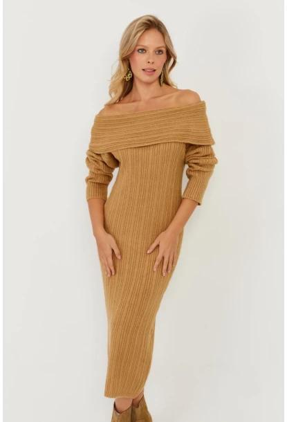 Kadın Camel Madonna Yaka Triko Midi Elbise KZ2503