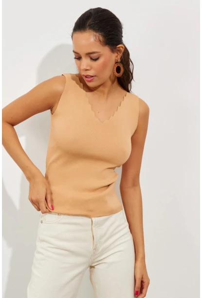 Kadın Camel Merdiven Yaka Triko Bluz YV83