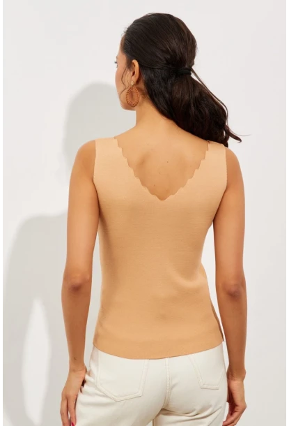 Kadın Camel Merdiven Yaka Triko Bluz YV83