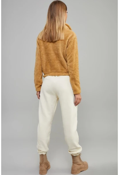 Kadın Camel Önü Fermuarlı Crop Peluş Sweatshirt DA85