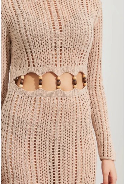 Kadın Camel Önü Pencereli Ajurlu Plaj Elbisesi KZ545