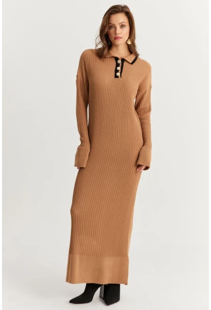 Kadın Camel Polo Yaka Triko Maxi Elbise MNUV17