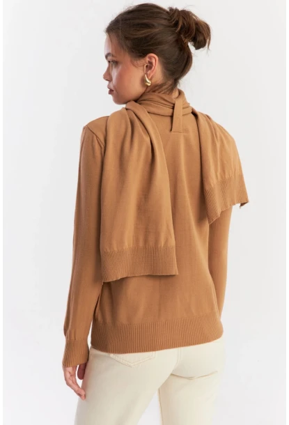 Kadın Camel Şal Aksesuarlı Triko Bluz YV286