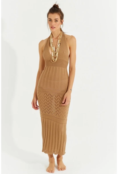 Kadın Camel Sırtı Açık Triko Maxi Elbise SF2505