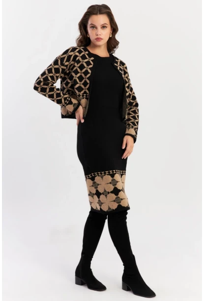 Kadın Camel-Siyah Alt Üst Triko Desenli Takım NUV2028