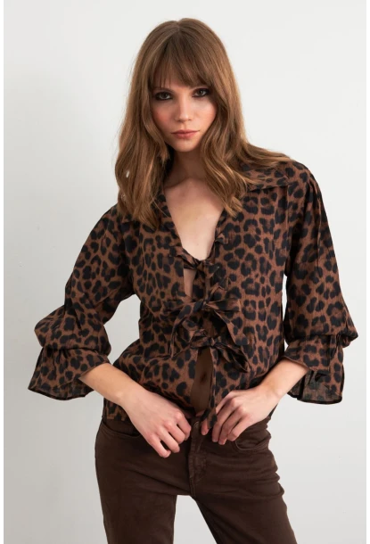 Kadın Camel-Siyah Bağlama Detaylı Leopar Gömlek FS9340