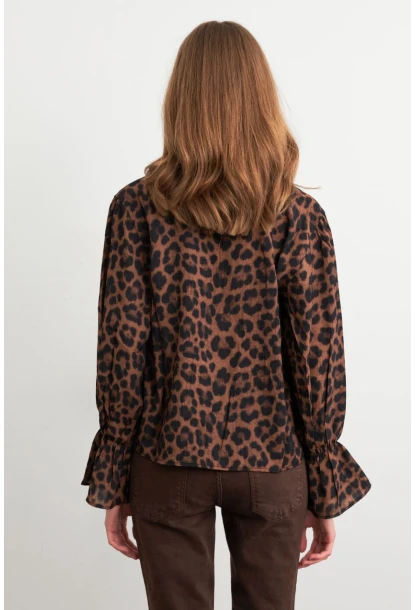 Kadın Camel-Siyah Bağlama Detaylı Leopar Gömlek FS9340