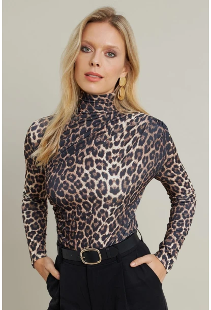 Kadın Camel-Siyah Büzgülü Desenli Bluz MDMR358-1