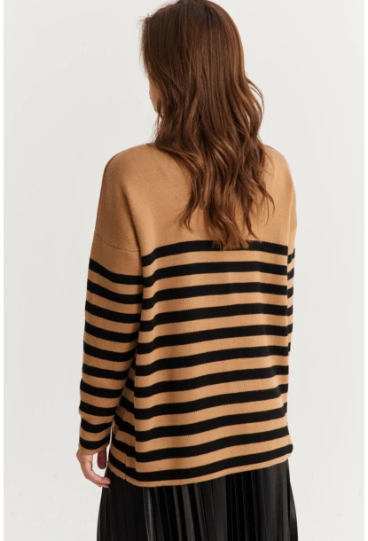 Kadın Camel-Siyah Çizgili Triko Hırka CNG3