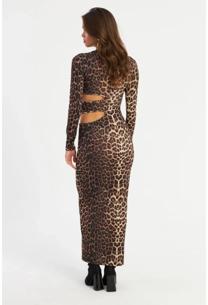 Kadın Camel-Siyah Dekolteli Leopar Maxi Yılbaşı Elbise LİK9
