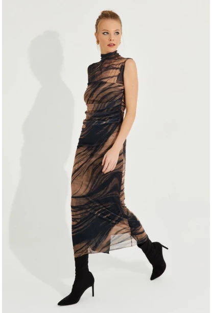 Kadın Camel-Siyah Desenli Maxi Tül Elbise RMZ21181