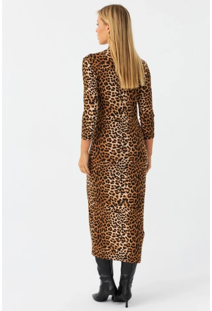 Kadın Camel-Siyah Desenli Midi Elbise MLPP400