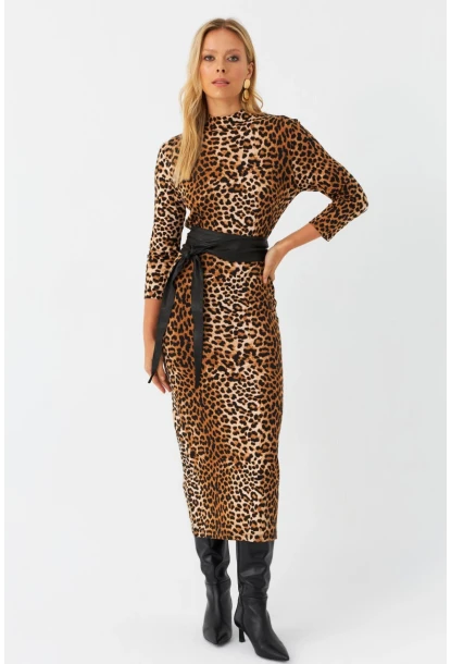 Kadın Camel-Siyah Desenli Midi Elbise MLPP400