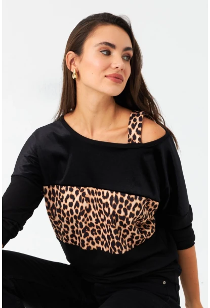 Kadın Camel-Siyah Kadife Bloklu Leopar Desenli Sweatshirt ST097
