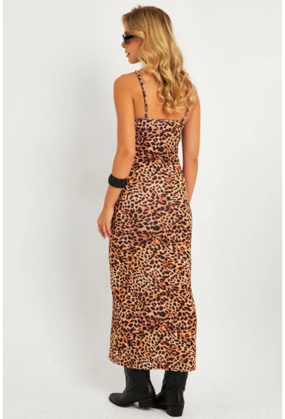 Kadın Camel-Siyah Leopar Askılı Maxi Yılbaşı Elbise GÇ184