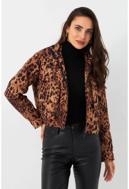 Kadın Camel-Siyah Leopar Crop Ceket ELT1001