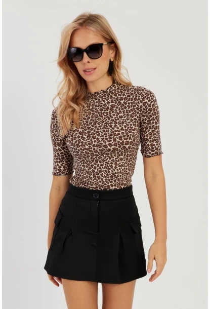 Kadın Camel-Siyah Leopar Desenli Bluz LPP1264
