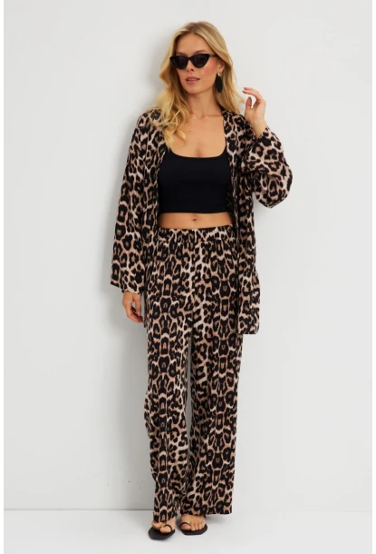 Kadın Camel-Siyah Leopar Desenli Kimono Takım GÇ163