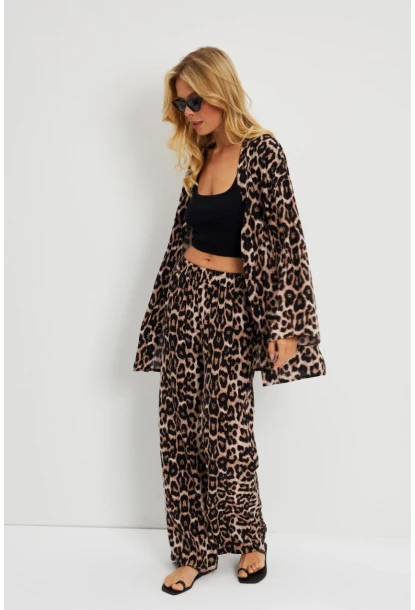 Kadın Camel-Siyah Leopar Desenli Kimono Takım GÇ163