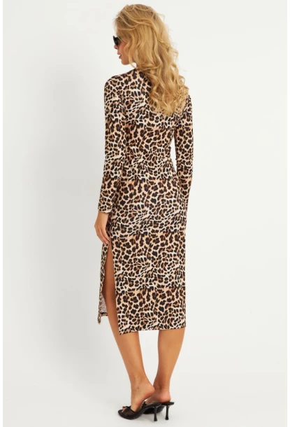 Kadın Camel-Siyah Leopar Desenli Midi Elbise YLE31