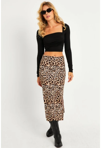 Kadın Camel-Siyah Leopar Desenli Midi Etek YLE21