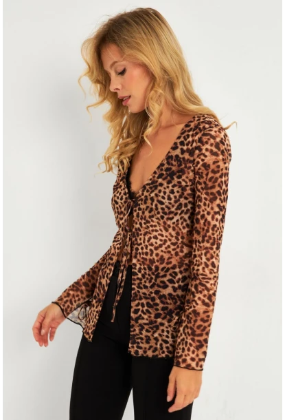 Kadın Camel-Siyah Leopar Desenli Tül  Bluz GÇ175