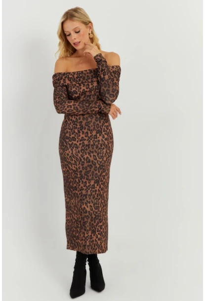 Kadın Camel-Siyah Leopar Madonna Midi Elbise RMZ21254
