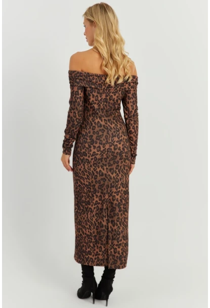 Kadın Camel-Siyah Leopar Madonna Midi Elbise RMZ21254