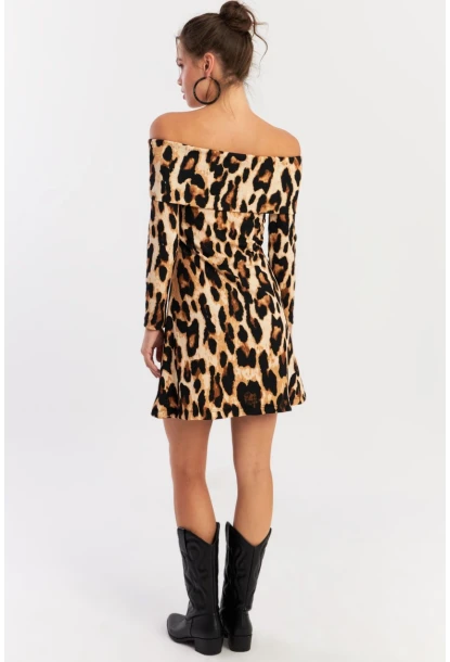 Kadın Camel-Siyah Madonna Yaka Leopar Mini Elbise EY2915