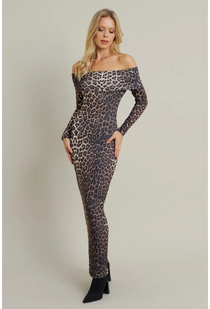 Kadın Camel-Siyah Madonna Yaka Maxi Elbise LİK10