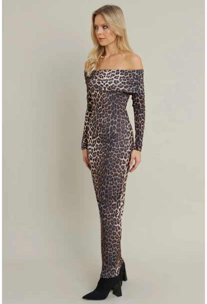 Kadın Camel-Siyah Madonna Yaka Maxi Elbise LİK10