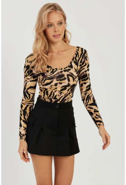 Kadın Camel-Siyah Ön Arka U Zebra Desenli Bluz LPP1266