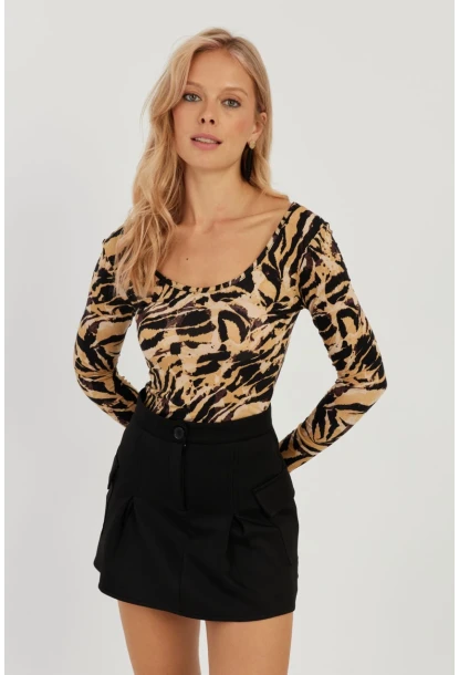 Kadın Camel-Siyah Ön Arka U Zebra Desenli Bluz LPP1266